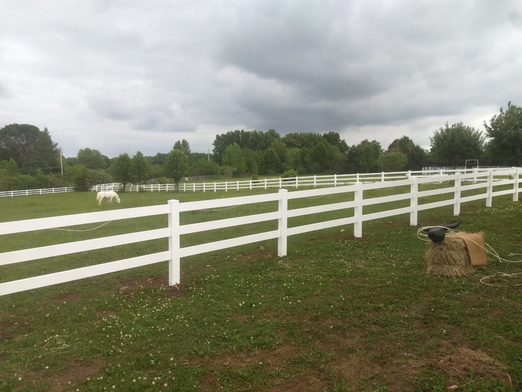 White fence enclosing a grassy field with horses under a cloudy sky.